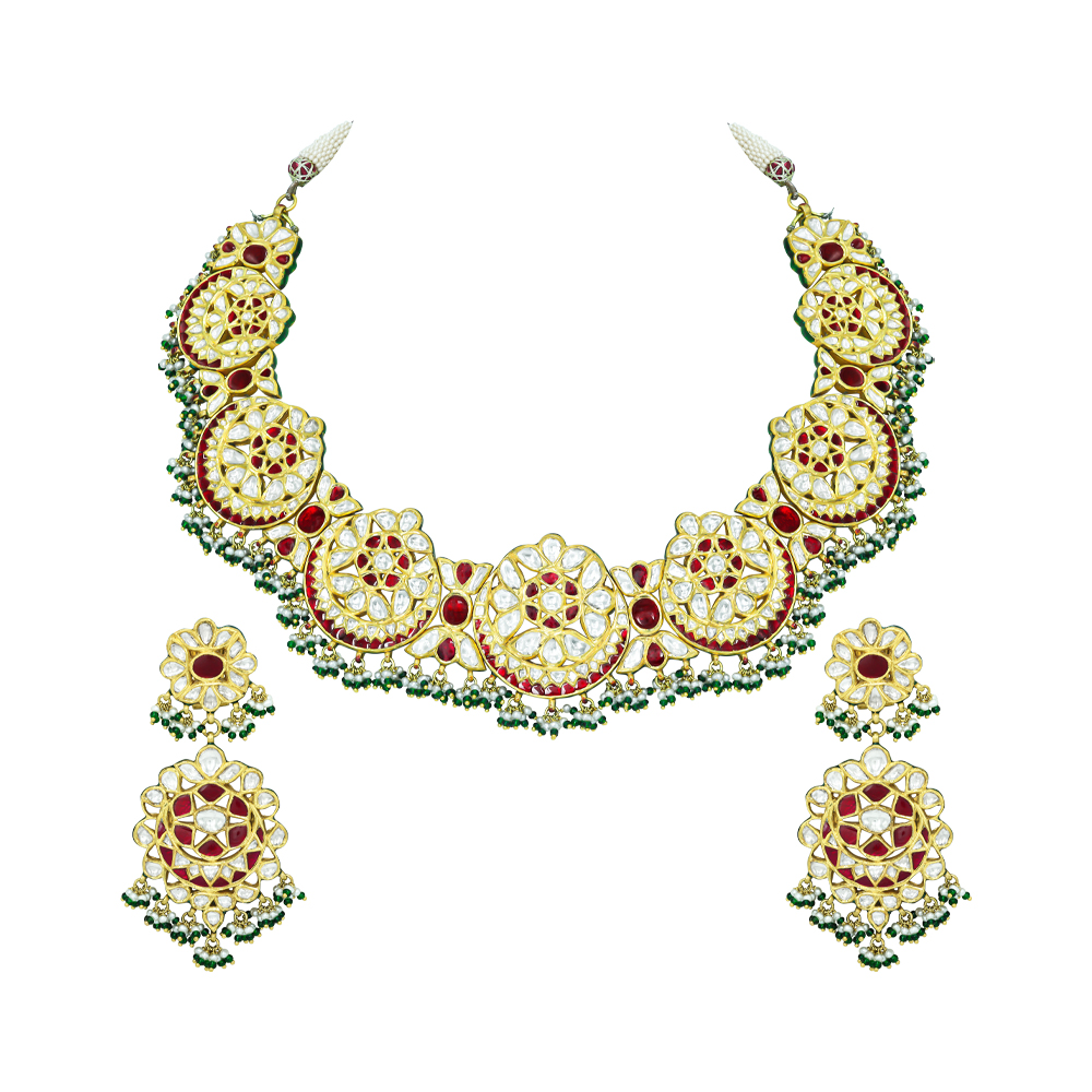 Crescent Polki Necklace Set with Red Talaf, Emeralds, and Pearls
